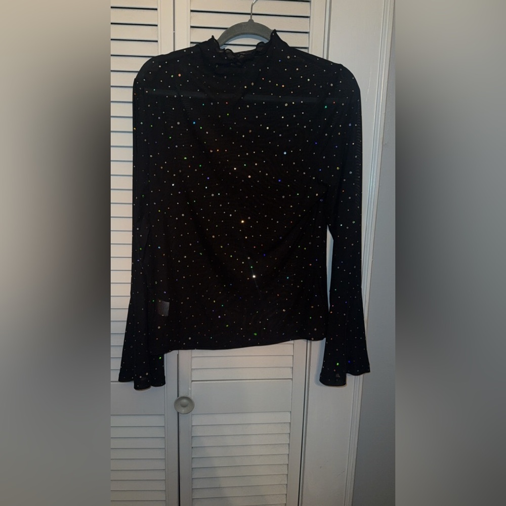 SHEIN Black Rhinestone Long Sleeve Top